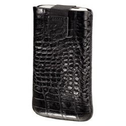 Чехол Lacquer and Leather для мобильного телефона, M, вытяжная лента, застежка, кожа с тиснением, черный, Hama   